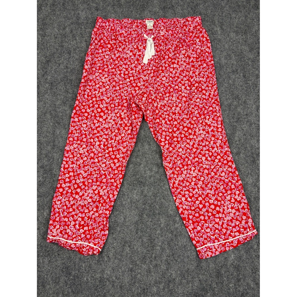 J.Crew Womens XL Red Pink Heart Print Pajama Pants Drawstring Crop Lounge Sleep
